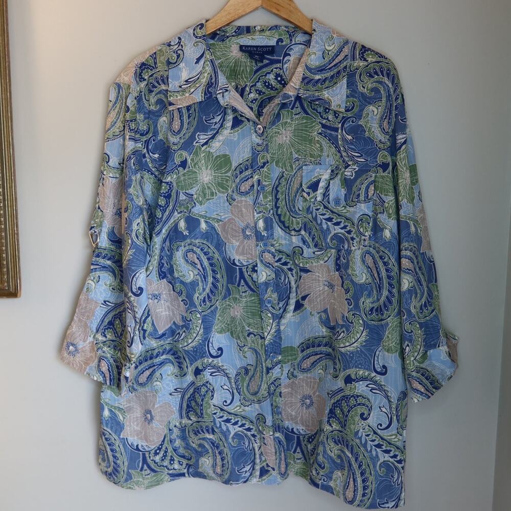 Karen Scott Womens Button-up Shirt 3X Blue Tunic 3/4 Sleeve Roll Tab Slit